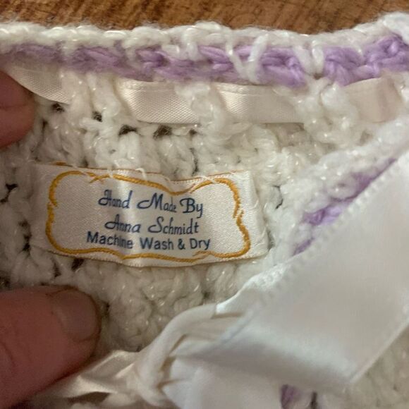 Handmade purple and cream crochet baby 0-6 cardigan - Picture 2 of 3